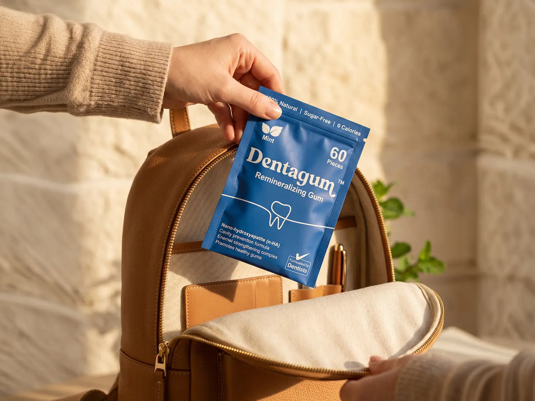a pouch of dentagum remineralizing chewing gum about to be inserted into a brown leather backpack with a faint background of travertine & stone, during golden hour glow