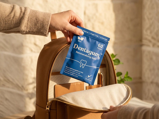 a pouch of dentagum remineralizing chewing gum about to be inserted into a brown leather backpack with a faint background of travertine & stone, during golden hour glow