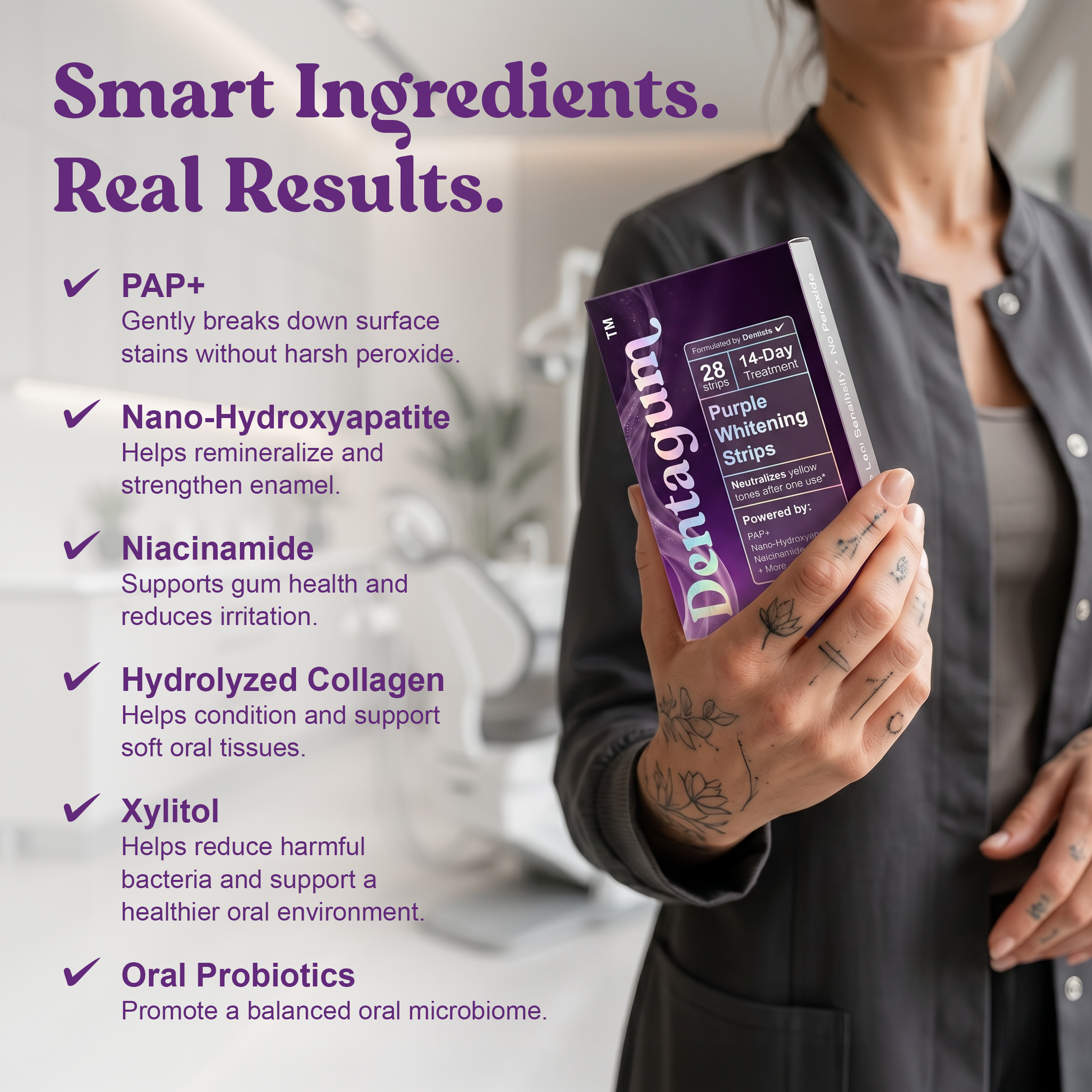 Healthy Purple Whitening Strips for Teeth - 28 Strips - Teeth Whitening Strips with PAP+ & Nano Hydroxyapatite - Enamel Safe, Low Sensitivity, Removes Stains Fast Dentagum