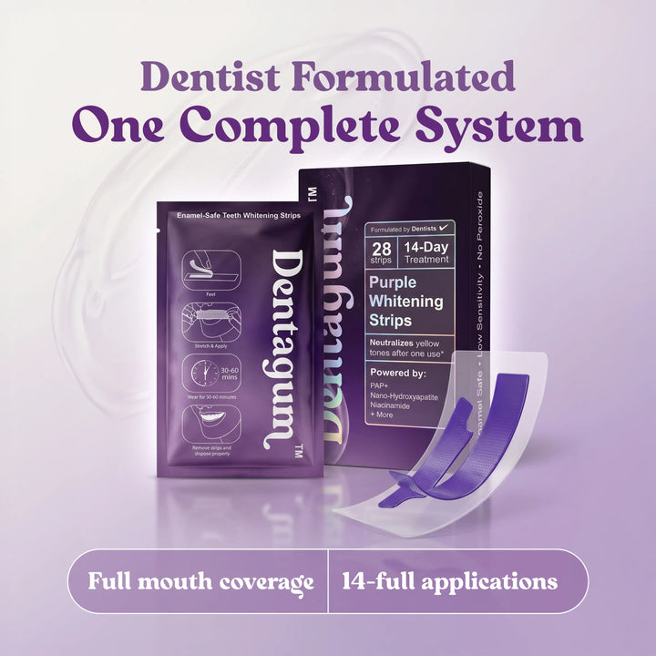 Healthy Purple Whitening Strips for Teeth - 28 Strips - Teeth Whitening Strips with PAP+ & Nano Hydroxyapatite - Enamel Safe, Low Sensitivity, Removes Stains Fast Dentagum